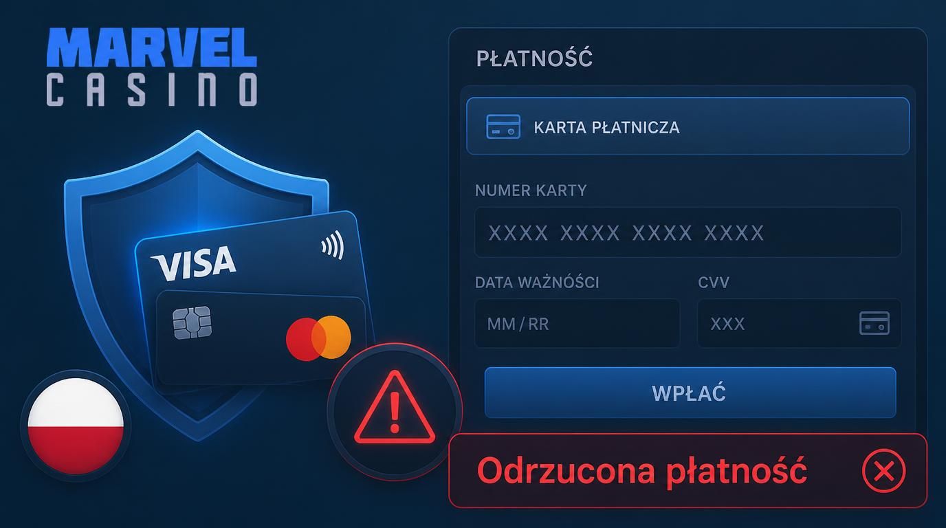 ikony Visa i Mastercard obok tarczy zabezpieczenia oraz polska flaga z ostrzegawczym znakiem