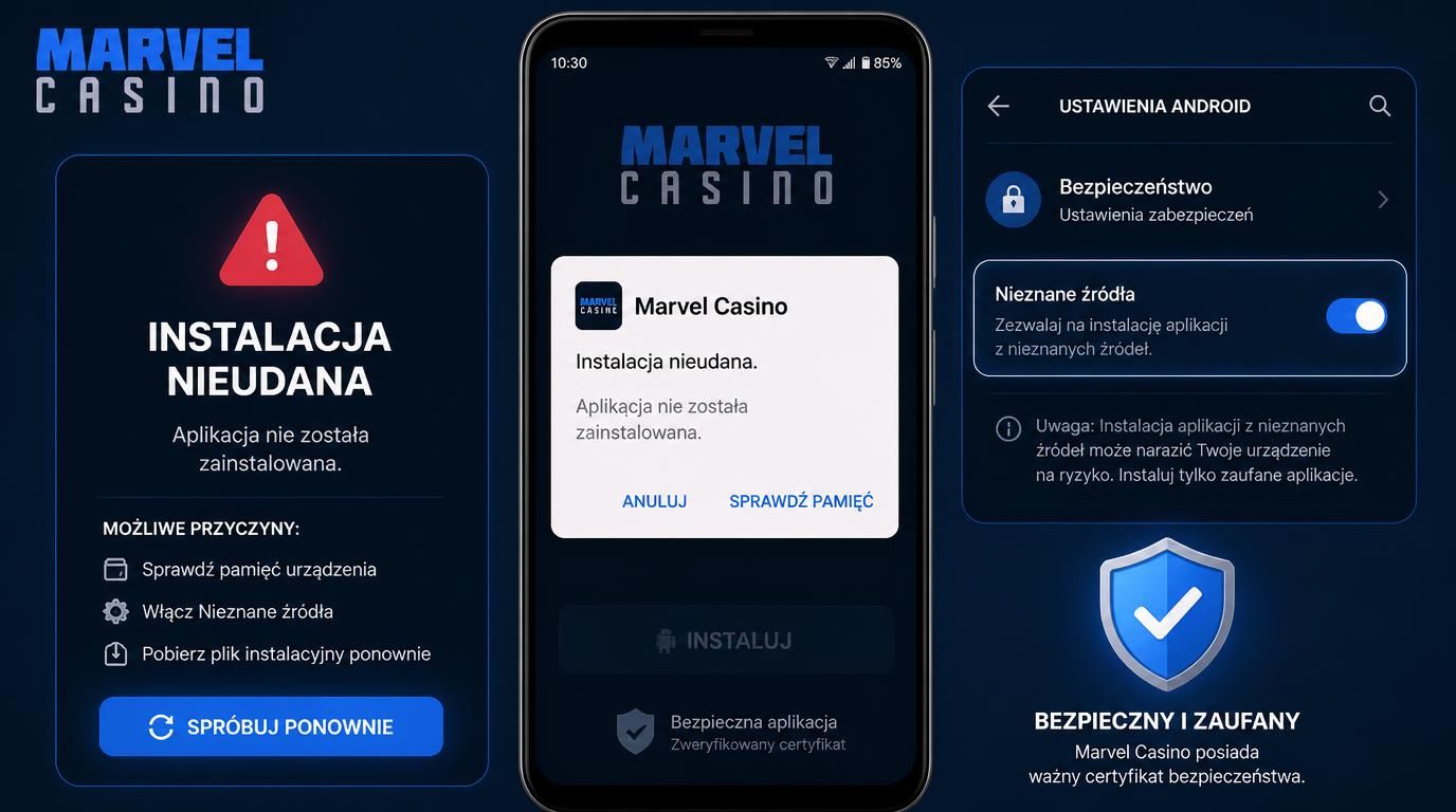 Telefon pokazujący komunikat instalacji nieudanej w aplikacji Marvel Casino.