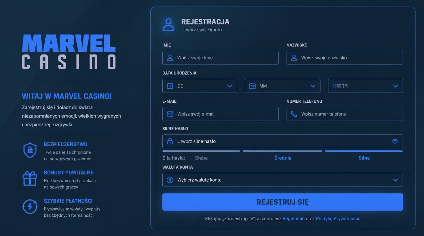 formularz rejestracji online z polskimi polami i przyciskiem „Zarejestruj się”
