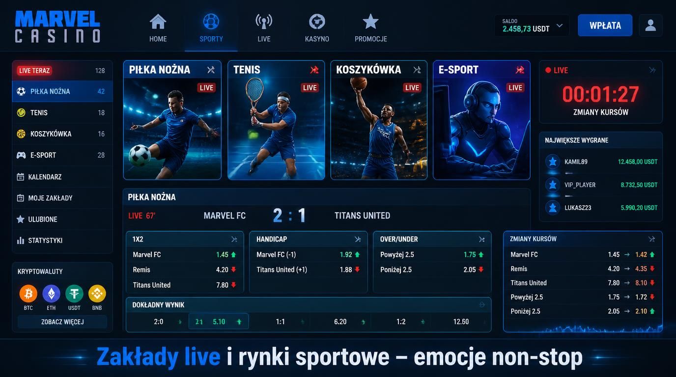 Zdjęcie przedstawia dynamiczny wybór rynków sportowych i klimat zakładów live.