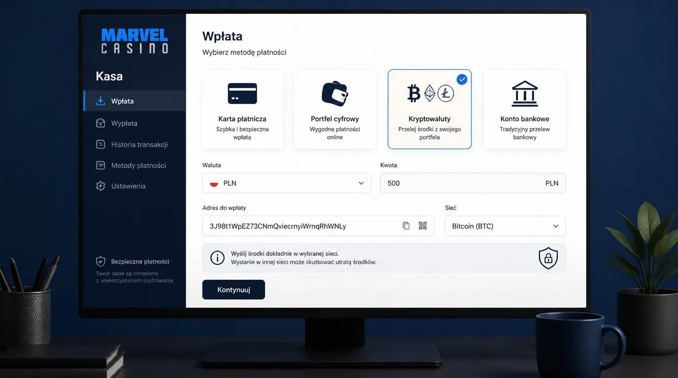 Panel kasjera z kartą płatniczą, portfelem elektronicznym i wyborem sieci kryptowalutowej