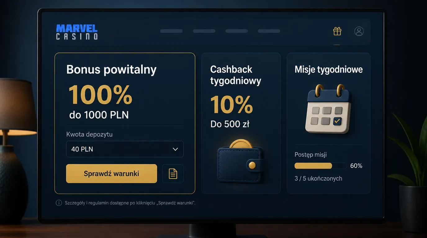 Panel promocji z bonusem 100% do 1000 PLN, depozytem od 40 PLN oraz kartami cashbacku i misji tygodniowych
