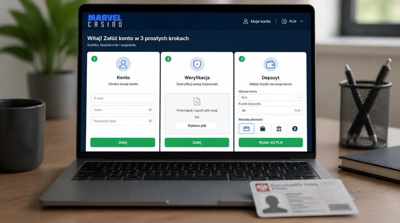 Panel rejestracji, weryfikacji tożsamości i pierwszego depozytu w PLN na ekranie laptopa